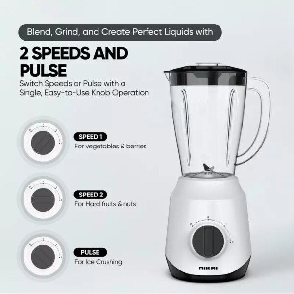 Nikai Blender 1.5L 450W 2 In 1 Unbreakable Pc Jar 3 Speeds Stainless Blades Easy To Clean Detachable Parts Perfect For Blending And Grinding - Nb2511Ax