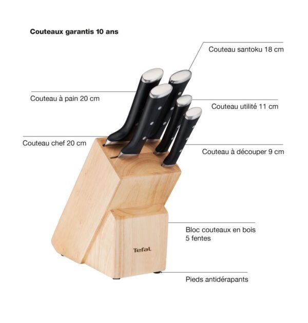 Tefal Ice Force Wooden Block With 5 Slots And 5 Knives: Bread Knife 20 Cm / Chef Knife 20 Cm / Santoku Knife 18 Cm / Paring Knife 11 Cm / Carving Knife 9 Cm K232S574