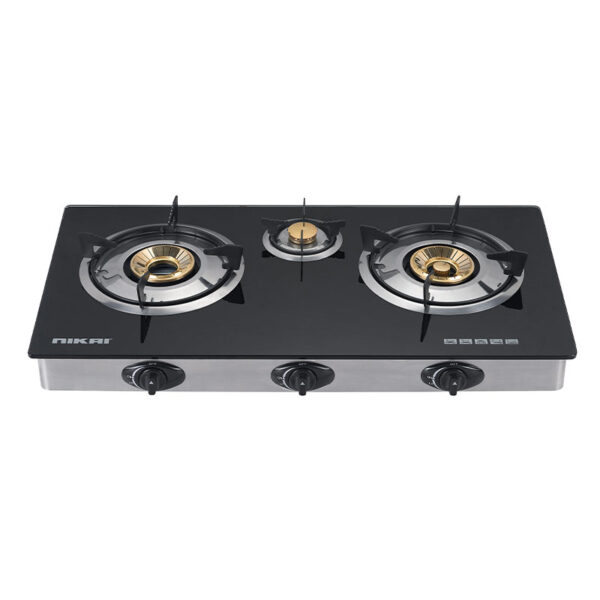 Nikai Gas Cooker 3 Burner Glass Triple Gas Burner 3 Burner Glass Top 7 Mm Tempered Glass Panel Auto Ignition System Whirlwind Flame Brass Burner Cap Ng333G