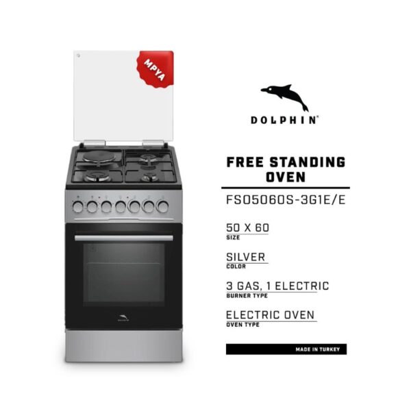 Dolphin Free Standing Cooking Range 50X60 3 Gas Burners 1 Electric Hot Plate &Amp; Electric Oven Silver Fs05060S-3G1E/E