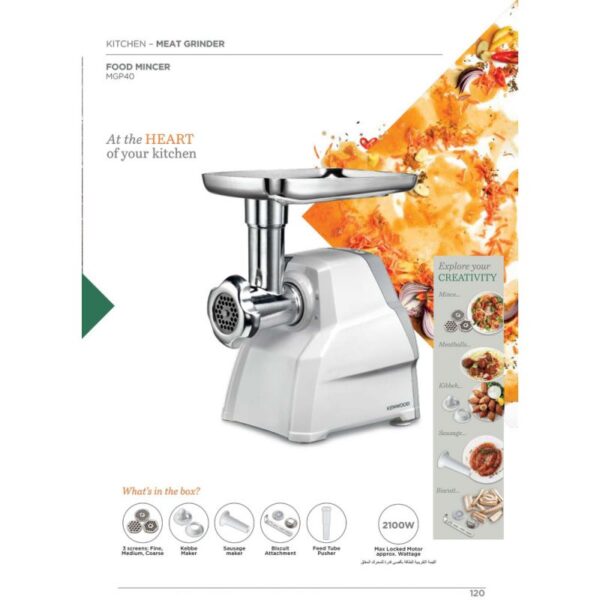 Kenwood Meat Grinder 2100W Meat Mincer With Kibbeh Maker Sausage Maker Biscuit Attachment Feed Tube Pusher 3 Stainless Steel Screens For Fine Medium &Amp; Coarse Results Mgp40.000Wh