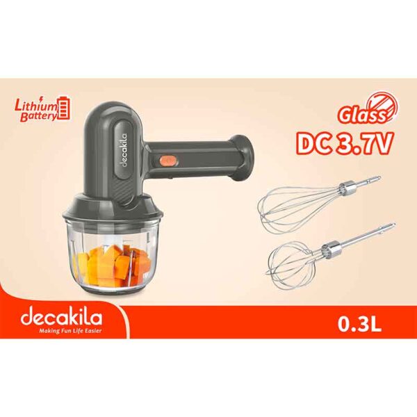 Decakila Hand Mixer 0.3L Glass Bowl 25W 3 Speeds 1500Mah Lithium Battery 2 Attachments Rechargeable Kmmx019G
