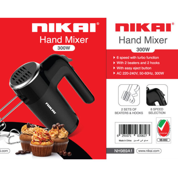 Nikai Hand Mixer 300W 6 Speeds + Turbo 2 Attachments With Power Cord Storage Beaters &Amp; Hooks 2Pcs Nh989A1
