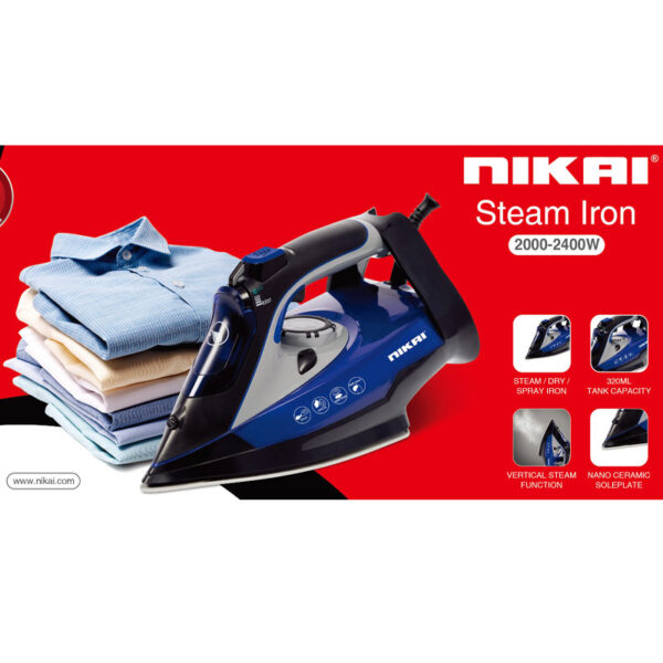 Nikai Steam Iron 2000W Steam Dry Spray Steam / Dry / Spray Iron Tank 320Ml Nano Ceramic Sole Plate Powerful Burst Steam Vertical Steam Function Nsi808Cs