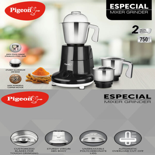Pigeon Mixer Grinder 750W Stainless Steel Jar Copper Motor ‎Removable Jar Compact Design 1.5L 1.0L 0.4L Jars Especial