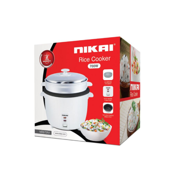 Nikai Rice Cooker 1.8L Nonstick 700W Thermostat Control Detachable Power Cord Non-Stick Teflon Coated Inner Pot Aluminum Steamer Keep Warm Function Nr672N1
