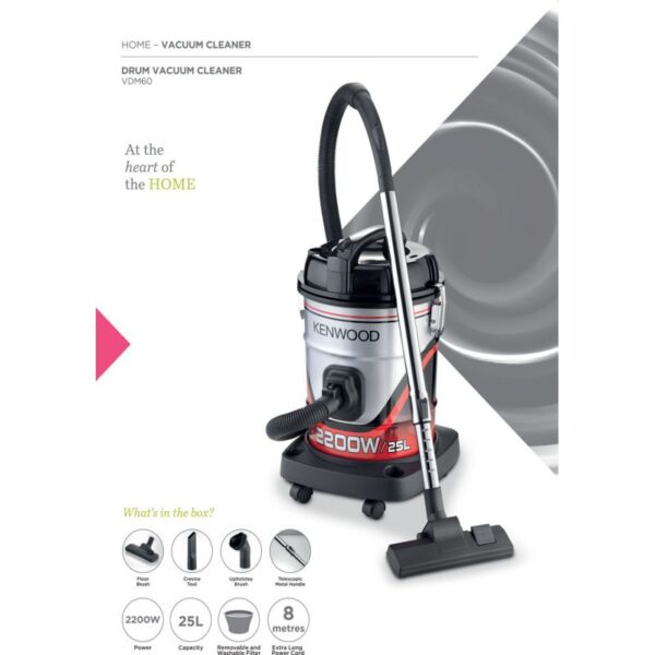 Kenwood Drum Vacuum Cleaner 2200W 25L Tank Vacuum Cleaner With 8M Extra Long Power Cord Removable &Amp; Washable Filter Multi Surface For Home &Amp; Office Vdm60.000Br