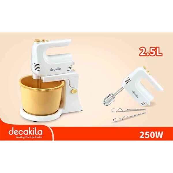 Decakila Hand Mixer 250W With 2.5L Bowl 5 Speed With Turbo White &Amp; Gold Steel Beaters &Amp; Hook Kemx020W