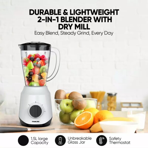 Nikai Blender 1.5L 450W 2 In 1 Unbreakable Pc Jar 3 Speeds Stainless Blades Easy To Clean Detachable Parts Perfect For Blending And Grinding - Nb2511Ax