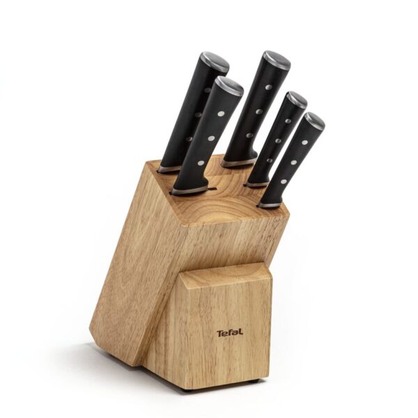 Tefal Ice Force Wooden Block With 5 Slots And 5 Knives: Bread Knife 20 Cm / Chef Knife 20 Cm / Santoku Knife 18 Cm / Paring Knife 11 Cm / Carving Knife 9 Cm K232S574