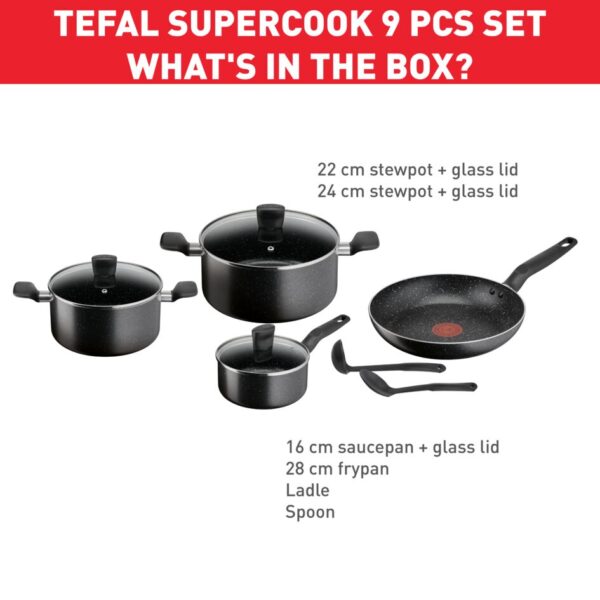 Tefal Dark Stone Cookware Set 9Pcs Non Stick Thermo Signal 100% Safe Coating Cookware Heat Indicator Ergonomic Handles Glass Lid B491S985