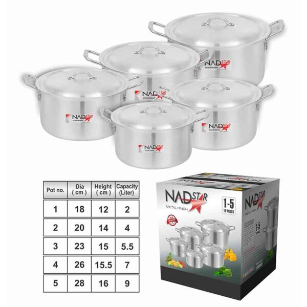 Nadstar Cookware Set 5Pcs Set With Lid &Amp; Handle Metal Finish Sufuria 2L 4L 5.5L 7L 9L 1X5