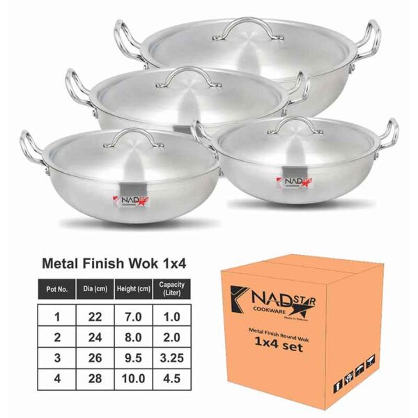 Nadstar Wok Karai Set 4Pcs Set With Lid &Amp; Handle Metal Finish Wok 1L 2L 3.2L 4.5L Mf1X4