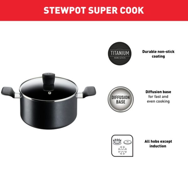 Tefal Super Cook Stew Pot 32Cm + Lid Non Stick Thermo Signal 100% Safe Stew Pan Black Aluminium B4595484