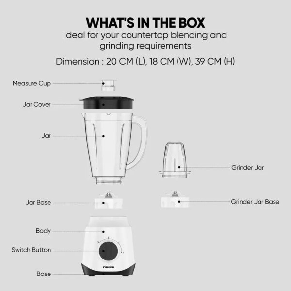 Nikai Blender 1.5L 450W 2 In 1 Unbreakable Pc Jar 3 Speeds Stainless Blades Easy To Clean Detachable Parts Perfect For Blending And Grinding - Nb2511Ax
