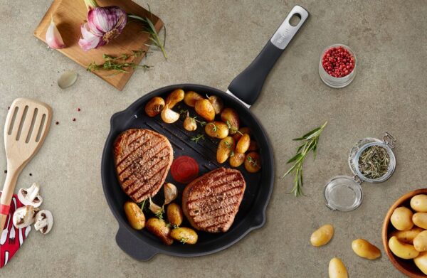 Tefal Unlimited Grill Pan 26X26Cm Titanium Non Stick Anti Scratch Safe Non Stick G6 Unlimited Round Grillpan With Pouring Edge Frying Pan Black Cast Aluminum E2294074
