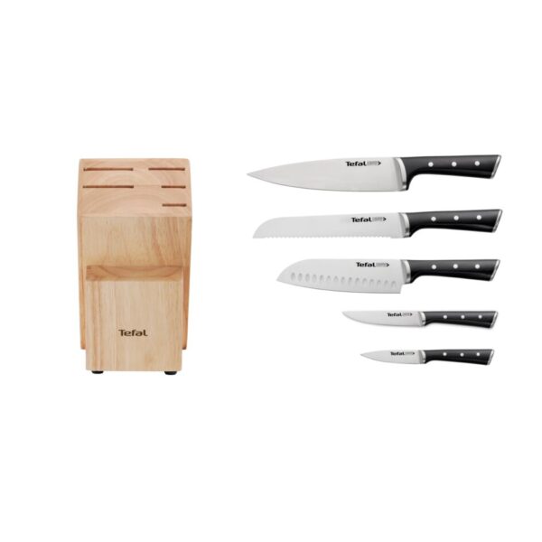 Tefal Ice Force Wooden Block With 5 Slots And 5 Knives: Bread Knife 20 Cm / Chef Knife 20 Cm / Santoku Knife 18 Cm / Paring Knife 11 Cm / Carving Knife 9 Cm K232S574