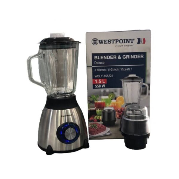 Westpoint Blender 1.5L Glass Jar 550W With Grinder Stainless Steel Wbly-15522.I