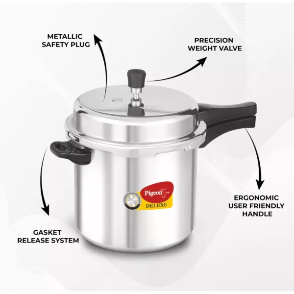 Pigeon Pressure Cooker 5L Deluxe Aluminium Outer Lid Gas Stove Compatible Ergonomically Designed Handle Pp5