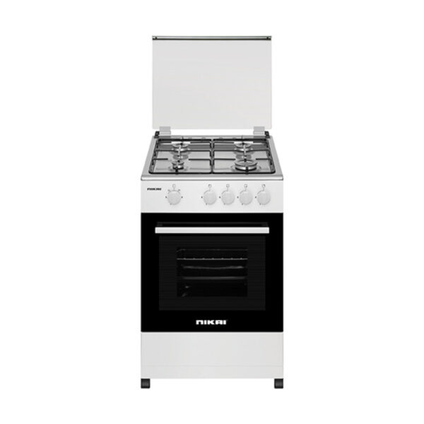 Nikai Cooker 50X50 Full Gas Oven Cooking Range 4 Gas Burner Glass Lid Pan Support Black Enamel 5 Knobs With 1 Tray + 1 Grid U2110N5