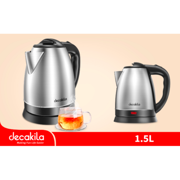 Decakila Kettle 1.5L Electric Jug 1800W Stainless Steel With Water Gauge Boil Dry Protection With Working Light Kekt002B