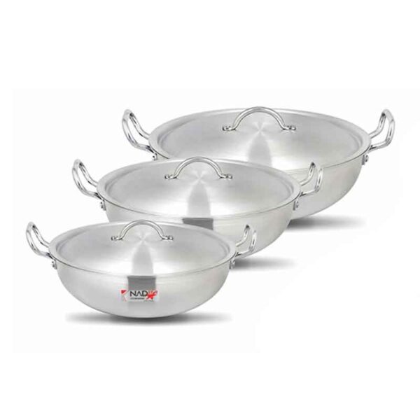Nadstar Wok Karai Set 3Pcs Set With Lid &Amp; Handle Metal Finish Wok Jumbo Round Wj31/36