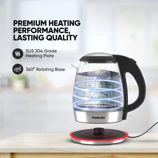 Nikai Kettle Glass Body 1.2L  2200W Compact Cordless Electric Glass Kettle Boiler Automatic Shut Off Boil Dry Protection Led Indicator Integrated Filter 360° Rotating Base Nk303G