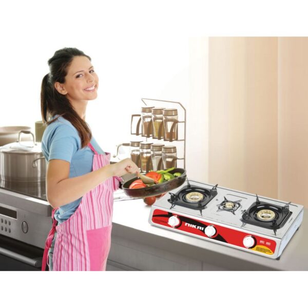Nikai Gas Cooker 3 Burner Stainless Steel Gas Burner With Auto Ignition System Blue Flame With High Efficiency Stainless Steel Body Full Safety Features Ng845