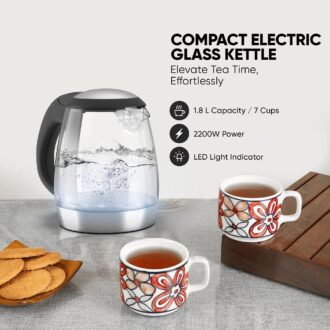 Nikai Kettle Glass Body 1.2L  2200w Compact Cordless Electric Glass Kettle Boiler Automatic Shut Off Boil Dry Protection LED Indicator Integrated Filter 360° Rotating Base NK303G