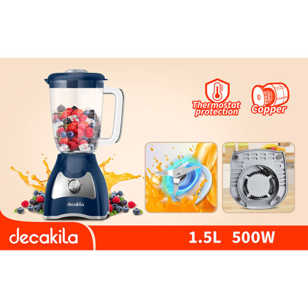 Decakila Blender 500W Capacity 1.5L Jug 2 Speed With Pulse Ss Blade Mixer 4-Bladed Stainless Steel Blade Kejb043L