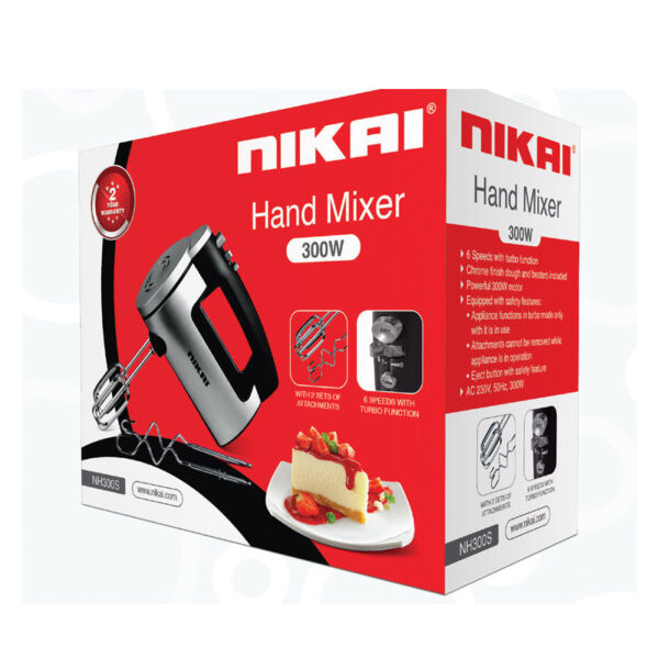 Nikai Hand Mixer 300W 6 Speeds + Turbo Function 2 Attachments Two Beaters For Eggs &Amp; Creams Two Hooks For Mixing Dough Nh300S