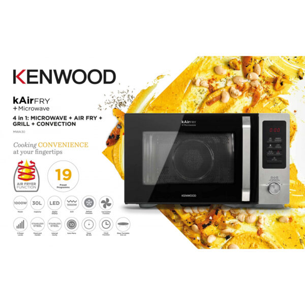 Kenwood Microwave Oven 30L + Air Fryer + Grill + Convection 1000W 4-In-1 Preset Programs 19 Digital Display 5 Power Levels Defrost Function 95 Minutes Timer  Clock Function Mwa30.000Bk
