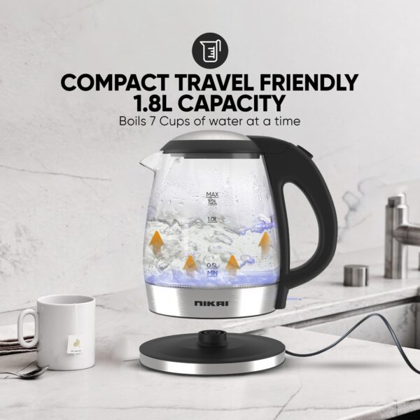 Nikai Kettle Glass Body 1.2L  2200W Compact Cordless Electric Glass Kettle Boiler Automatic Shut Off Boil Dry Protection Led Indicator Integrated Filter 360° Rotating Base Nk303G