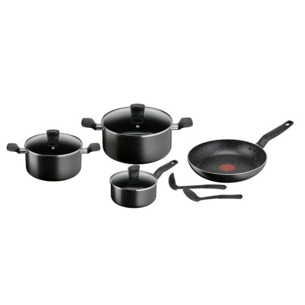 Tefal Dark Stone Cookware Set 9Pcs Non Stick Thermo Signal 100% Safe Coating Cookware Heat Indicator Ergonomic Handles Glass Lid B491S985