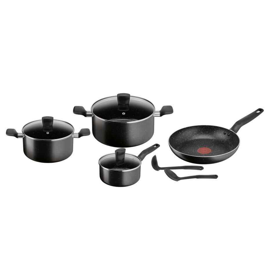 Tefal Dark Stone Cookware Set 9Pcs Non Stick Thermo Signal 100% Safe Coating Cookware Heat Indicator Ergonomic Handles Glass Lid B491S985