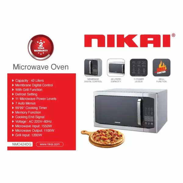 Nikai Microwave Oven 42L 1100W 11 Microwave Power Levels 7 Auto Menu With Defrost &Amp; Grill Function Membrane Digital Control Memory Function Nmo424Dg