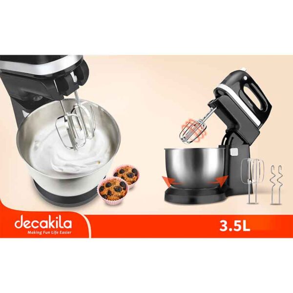 Decakila Hand Mixer 250W With 3.5L Stainless Steel Bowl 5 Speed With Turbo Silver &Amp; Black Steel Beaters &Amp; Hook Kemx012B