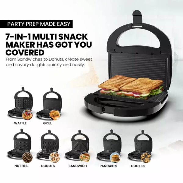 Nikai Sandwich Grill &Amp; Multi Snack Maker 750W 2 Slot Non-Stick 7-In-1 Interchangeable Plates For Grill Toaster Pancakes Cookies Waffles Donuts Cupcakes &Amp; Nutties Dishwasher Safe - Ngt727D