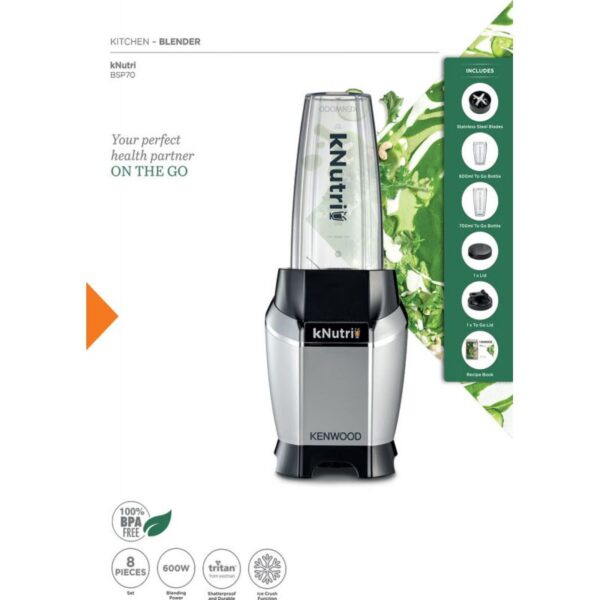 Kenwood Personal Blender 600W Smoothie Blender/Smoothie Maker 600W With 2 X 700Ml &Amp; 600Ml Tritan Smoothie2Go Bottle And Lid Ice Crush Function Bsp70.180Sl