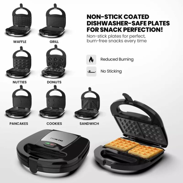 Nikai Sandwich Grill &Amp; Multi Snack Maker 750W 2 Slot Non-Stick 7-In-1 Interchangeable Plates For Grill Toaster Pancakes Cookies Waffles Donuts Cupcakes &Amp; Nutties Dishwasher Safe - Ngt727D