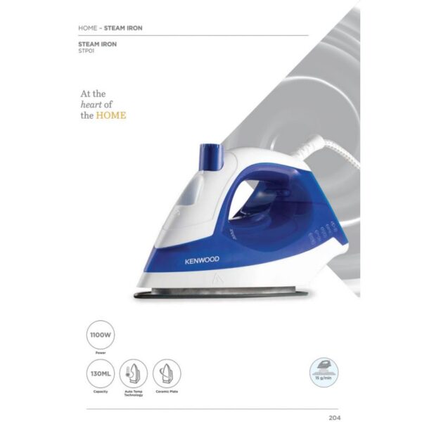 Kenwood Steam Iron 1100W With Non Stick Soleplate Continuous Steam Steam Burst Spray Function Stp01.000Wb