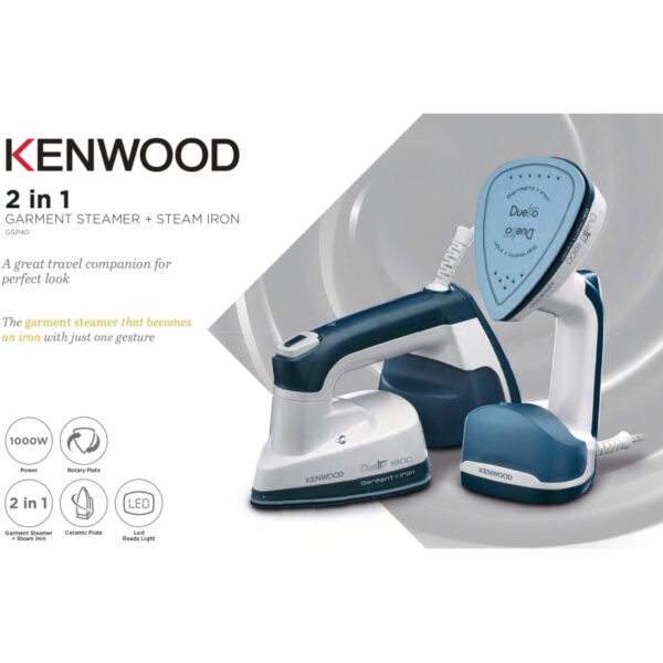 Kenwood 2-In-1 Garment Steamer + Steam Iron 1000W With Rotary Plate Ceramic Soleplate Led Light Gsp40.000Wb