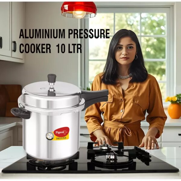 Pigeon Pressure Cooker 10L Deluxe Aluminium Outer Lid Gas Stove Compatible Ergonomically Designed Handle Pp10