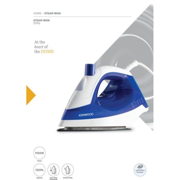 Kenwood Steam Iron 1100W With Non Stick Soleplate Continuous Steam Steam Burst Spray Function Stp01.000Wb