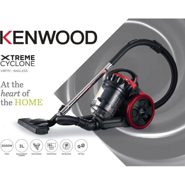 Kenwood Vacuum Cleaner 2200W Multi Cyclonic Bagless Canister Vacuum Cleaner 3.5L With 5M Cable Multi-Surface Cleanable Hepa Filter Anti Bacteria Pet Care For Home &Amp; Office Vbp80.000Rg Grey/Red