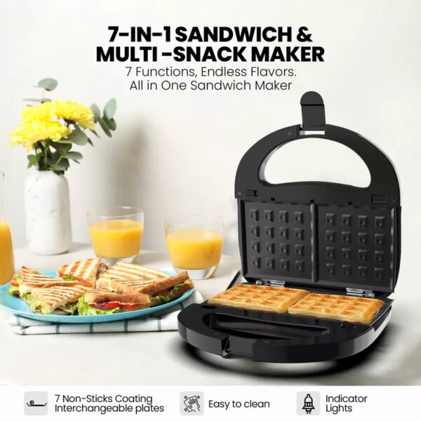 Nikai Sandwich Grill &Amp; Multi Snack Maker 750W 2 Slot Non-Stick 7-In-1 Interchangeable Plates For Grill Toaster Pancakes Cookies Waffles Donuts Cupcakes &Amp; Nutties Dishwasher Safe - Ngt727D