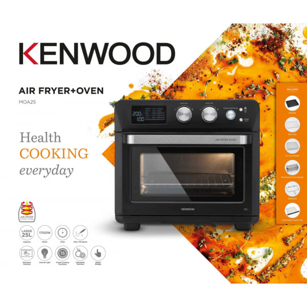 Kenwood Toaster Oven + Air Fryer 2-In-1 25L - Oven Toaster Grill With Large Capacity Rotisserie Function For Frying Roasting Grilling Broiling Baking Browning Defrosting Heating Moa25.600Bk