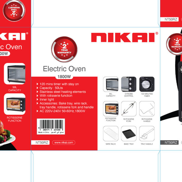 Nikai Electric Oven 50L 1800W With Rotisserie 120 Minutes Timer With Stay On With Accessories Nt50Rz