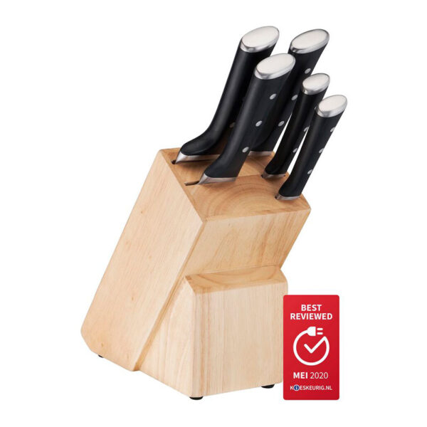 Tefal Ice Force Wooden Block With 5 Slots And 5 Knives: Bread Knife 20 Cm / Chef Knife 20 Cm / Santoku Knife 18 Cm / Paring Knife 11 Cm / Carving Knife 9 Cm K232S574