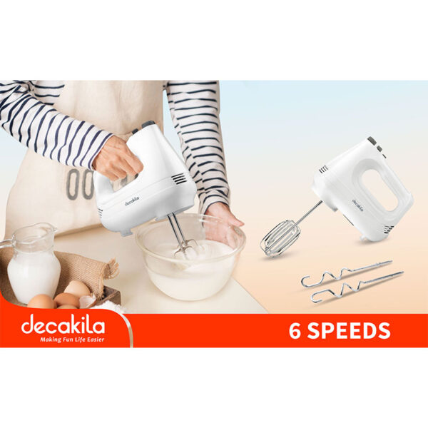 Decakila Hand Mixer 200W 6 Speed With Turbo White Steel Beaters &Amp; Hook With Speed Control Knead Or Beat &Amp; Mix Kemx001W
